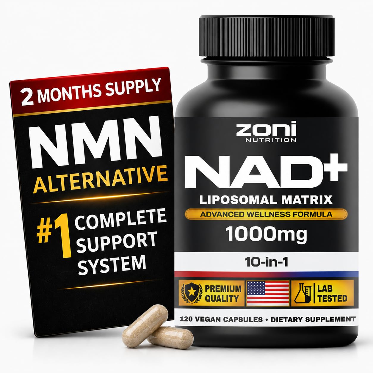 Zoni Nutrition NAD+ Supplement Liposomal Matrix Advanced Wellness Formula 1000mg 10-in-1, Trans-Resveratrol, TMG, Apigenin, PQQ, Vitamin B2, Vitamin B3, Vitamin B5, Vitamin B9, Vitamin B12, Men & Women 120 Capsules