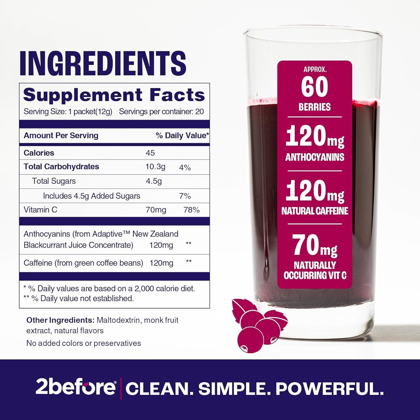 2before All Natural Vegan Pre Workout Powder, 8.4 oz, Pack of 20