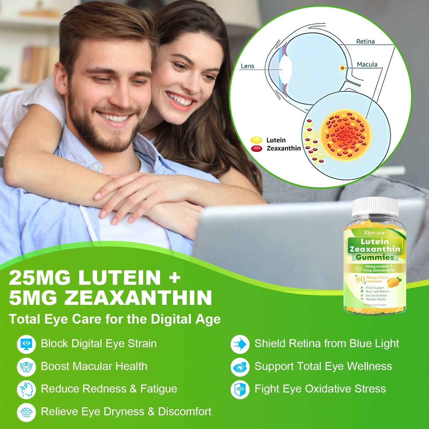 Flyrocer Sugar Free Lutein 25mg with Zeaxanthin Gummies, 60 Count