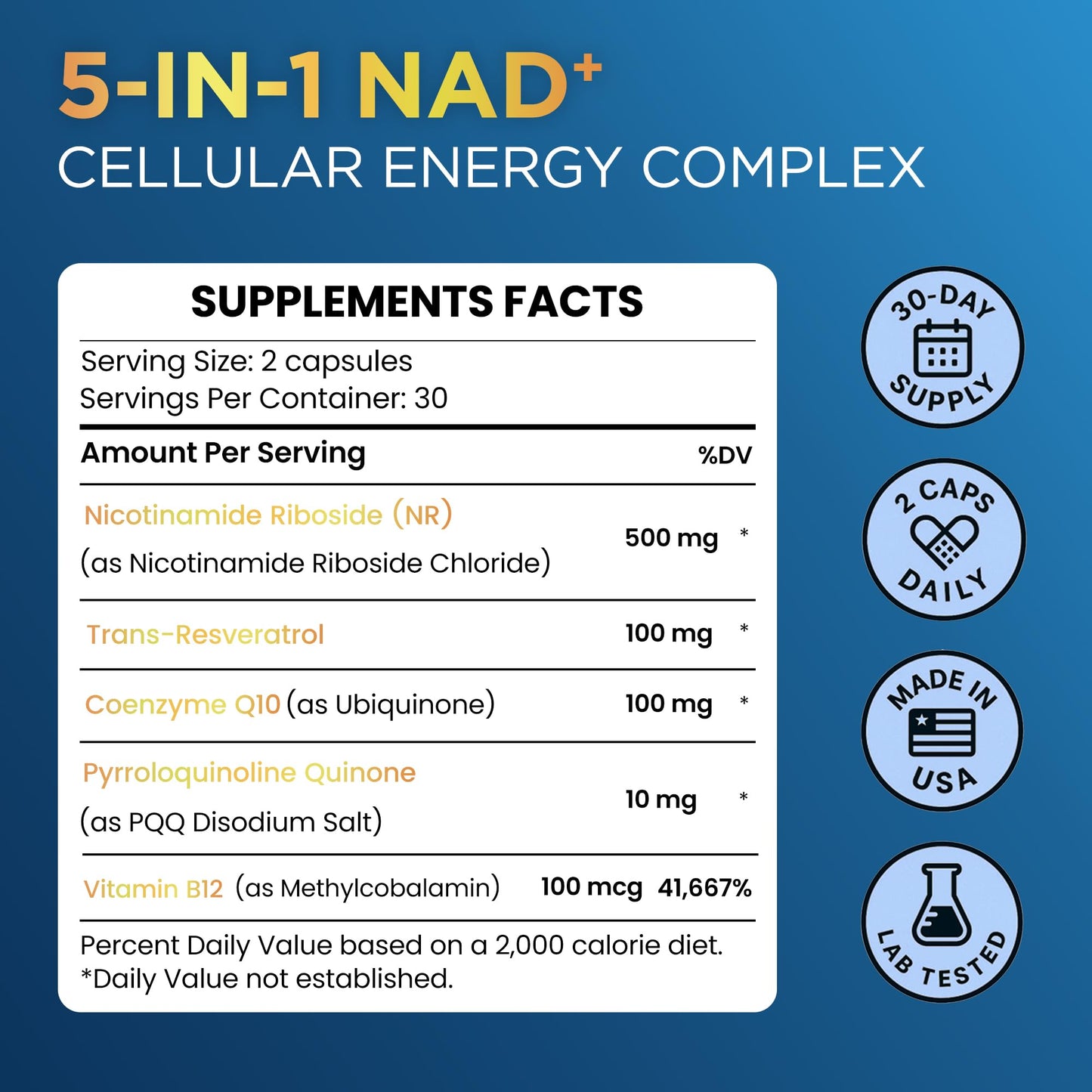 Anyglory NAD+ Supplement with NR, Resveratrol, CoQ10 & PQQ – 5-in-1 NAD Formula NMN Alternative NAD Resveratrol Support, 60 Capsules