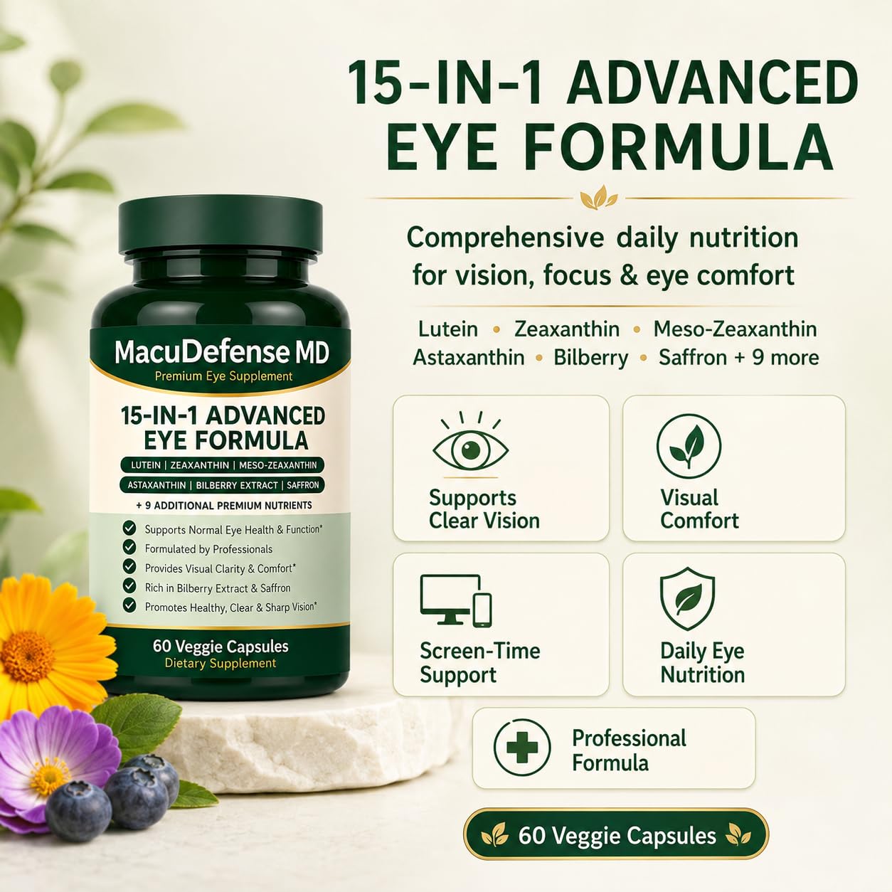 Nichalous Macudefense MD 15-in-1 Advanced Eye Formula Eye Health Supplement with Lutein, Zeaxanthin & Astaxanthin Vision Support 60 Capsules