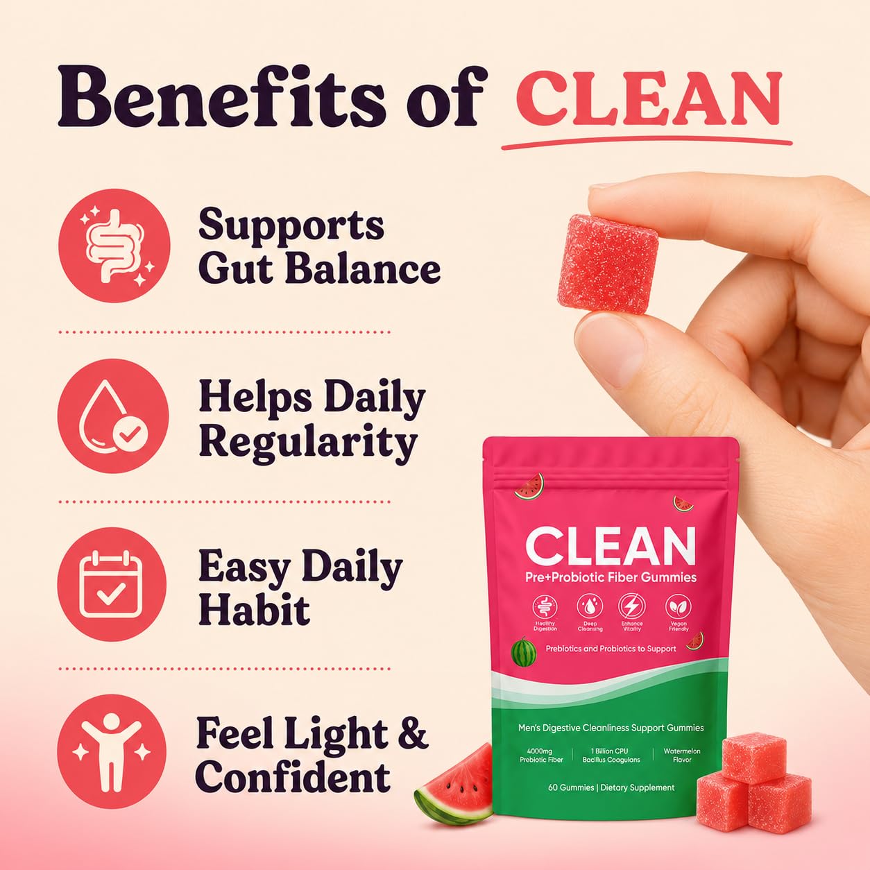 TADALAPRO Clean Prebiotic Fiber Gummies for Men, Watermelon Flavor, Sugar Free, 60 Count