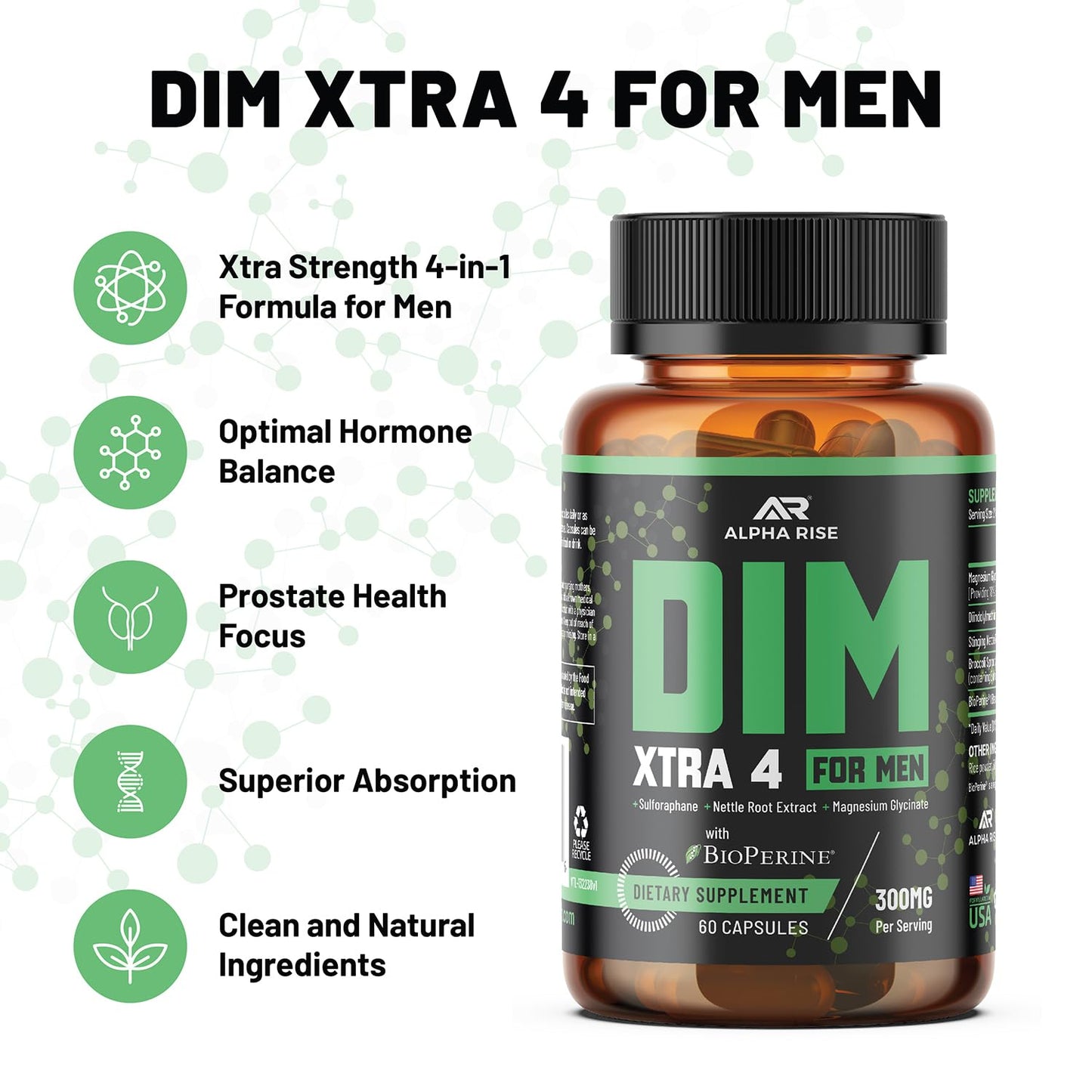 ALPHA RISE DIM XTRA 4 - 300 mg Estrogen Blocker for Men & Aromatase Inhibitor Capsules, 60 Count