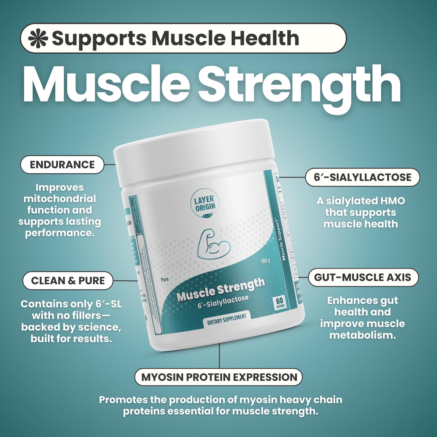 Layer Origin 6'-Sialyllactose (6'-SL HMO) for Muscle Health, Strength, Recovery - 3000 mg per Serving, Powder, 6.35 oz