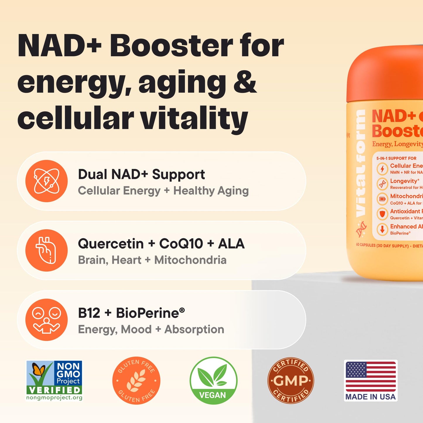 VitalForm NAD+ Supplement with NMN & Nicotinamide Riboside (NR) Advanced Cellular Energy & Healthy Aging Complex with Resveratrol, CoQ10, Quercetin & BioPerine, 60 Capsules