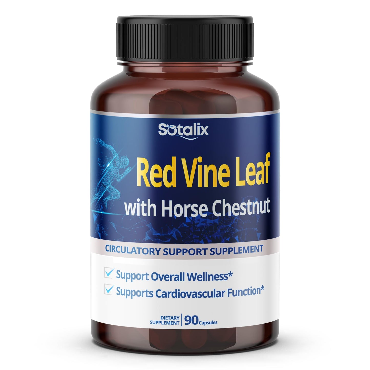 SOTALIX SUPPLEMENT Red Vine Leaf and Horse Chestnut, 50% Flavonoids for Leg Vein Support, Skin, Heart Wellness Capsules 90 Count