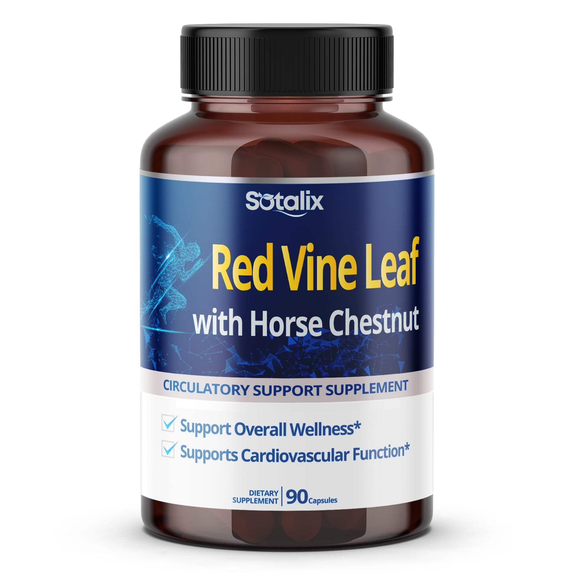 SOTALIX SUPPLEMENT Red Vine Leaf and Horse Chestnut, 50% Flavonoids for Leg Vein Support, Skin, Heart Wellness Capsules 90 Count