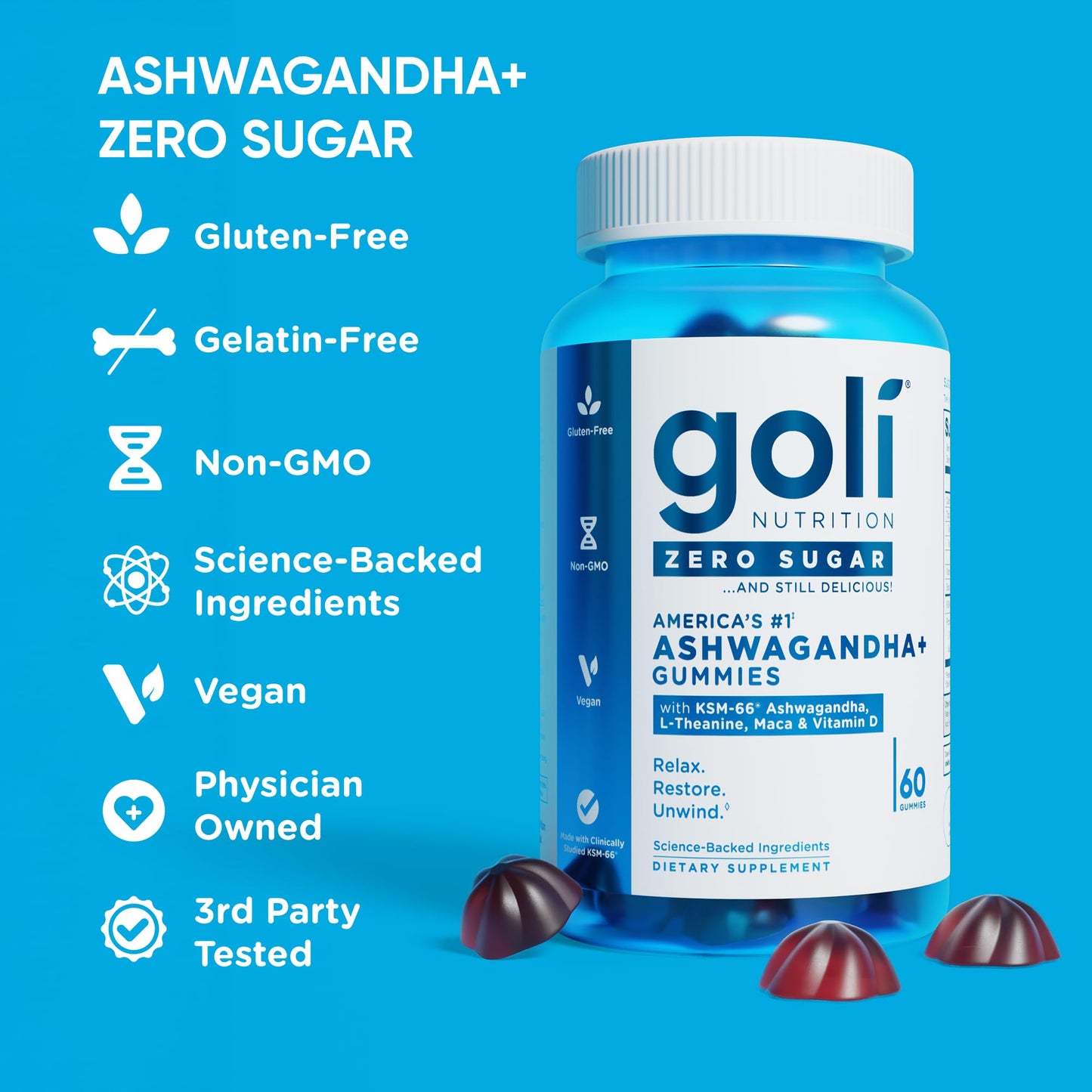 Goli Zero Sugar Ashwagandha Gummies with KSM-66, L-Theanine, Maca and Vitamin D - No Sugar Alcohols - Vegan, Keto-Friendly, Non-GMO