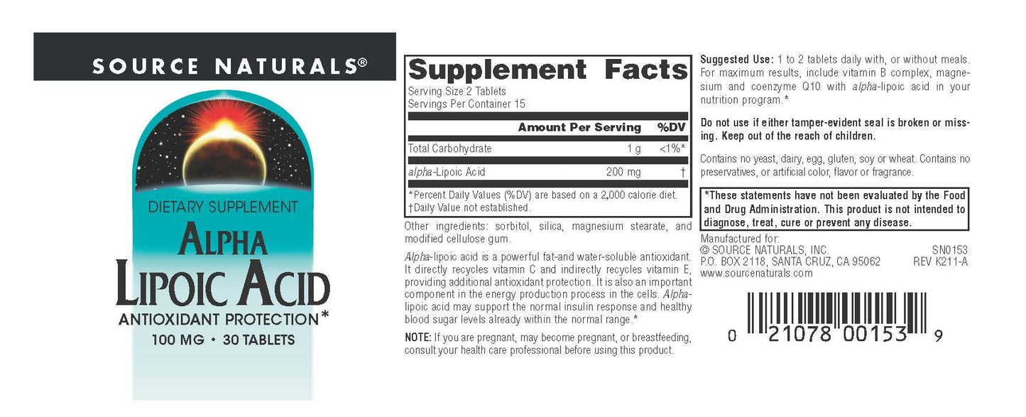 Source Naturals Alpha Lipoic Acid 100mg Tablet, 30 Tablets