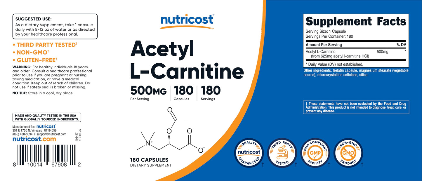 Nutricost Acetyl L-Carnitine (ALCAR) 500mg Capsules, 180 Count