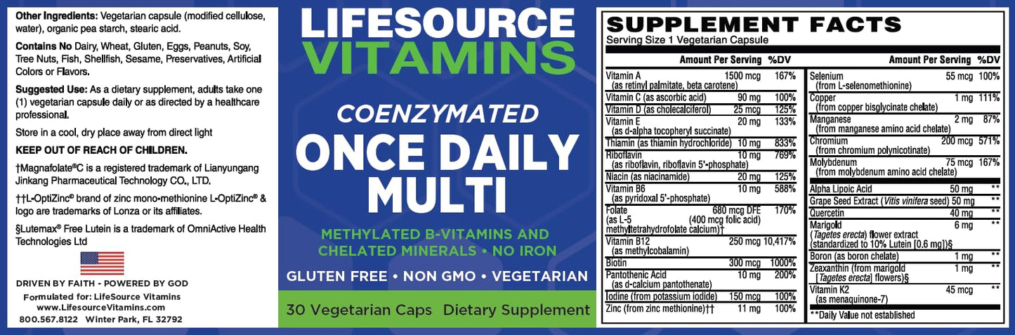 LSV LifeSource Vitamins Coenzymated Once Daily Multi, Methylated B-Vitamins, Chelated Minerals, Iron-Free, Vegetarian, 30 Vegetarian Capsules
