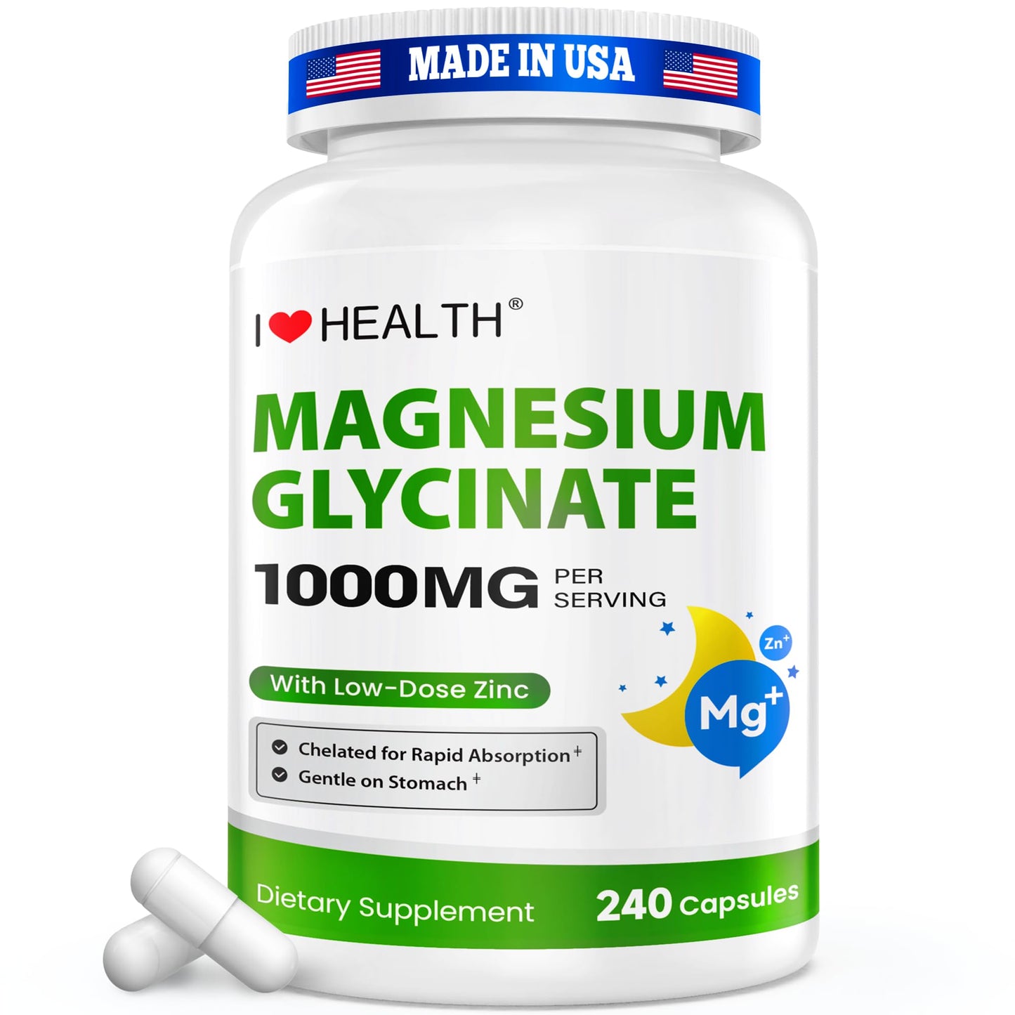 I LOVE HEALTH Magnesium Glycinate – Elemental Magnesium 200mg with Zinc 2mg, 240 Capsules