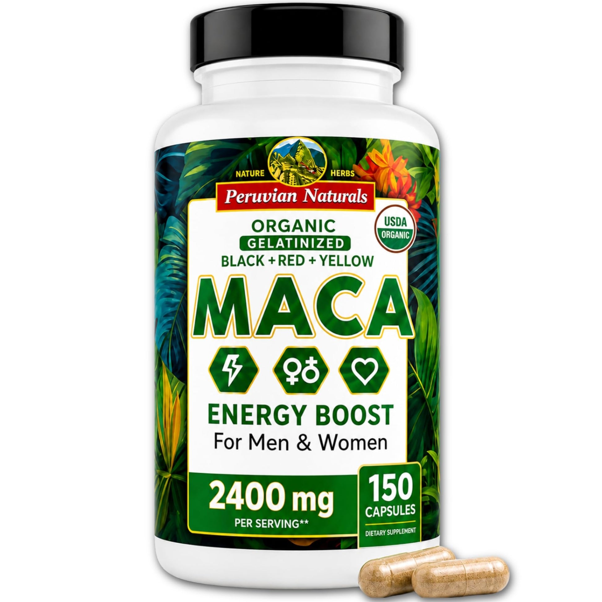 Peruvian Naturals Organic Maca Root Capsules 2400mg per Serving, 150 Capsules