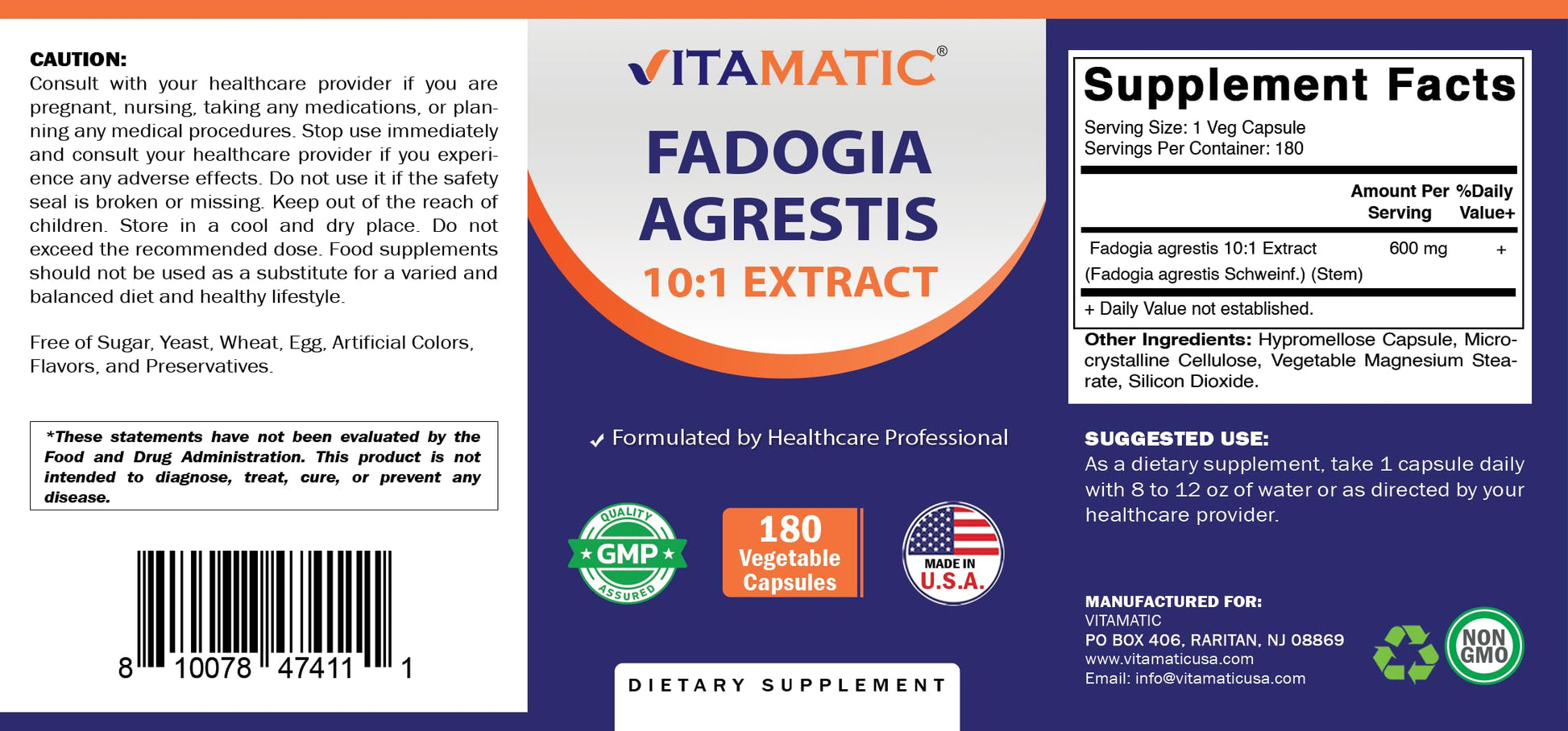 Vitamatic Fadogia Agrestis 10:1 Extract 600 mg Capsule, 180 Count
