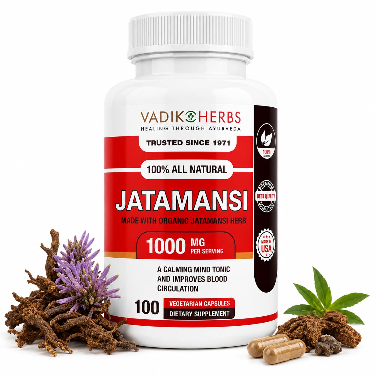 Vadik Herbs Jatamansi 1000mg Capsules, 100 Count