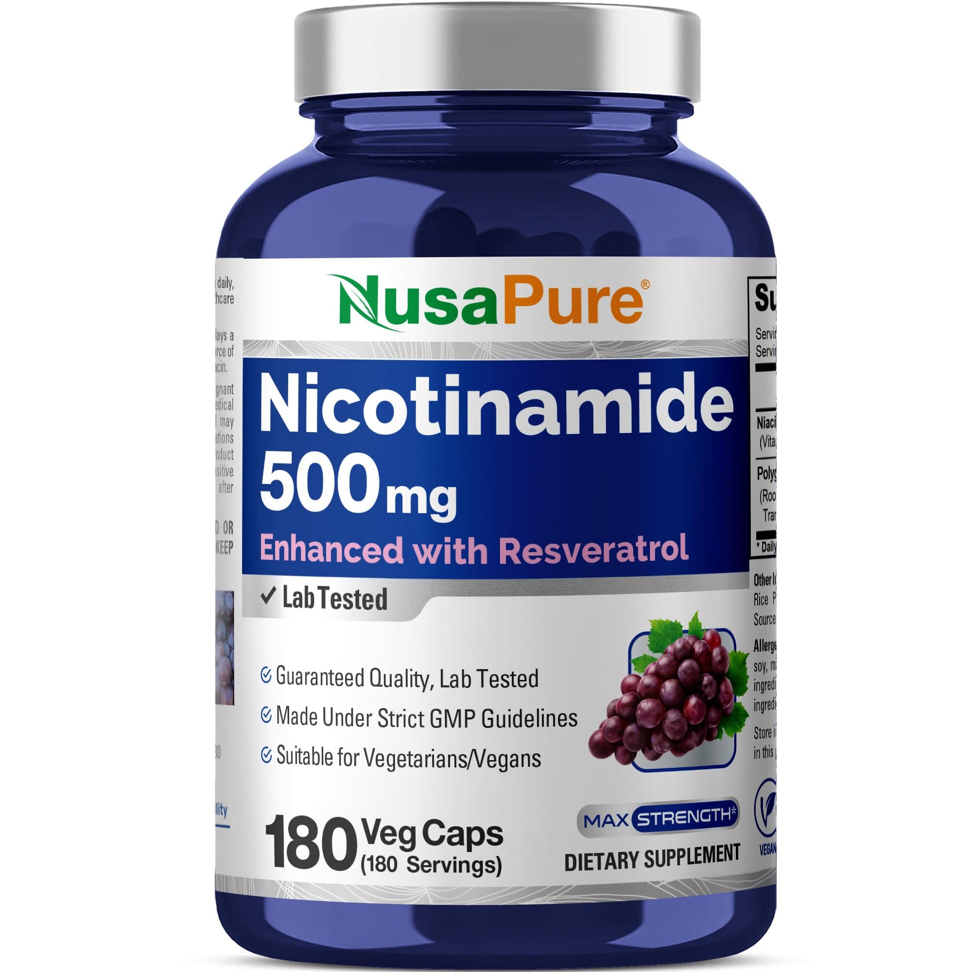 NusaPure Nicotinamide & Vitamin B-3 500mg Capsule, 180 Count