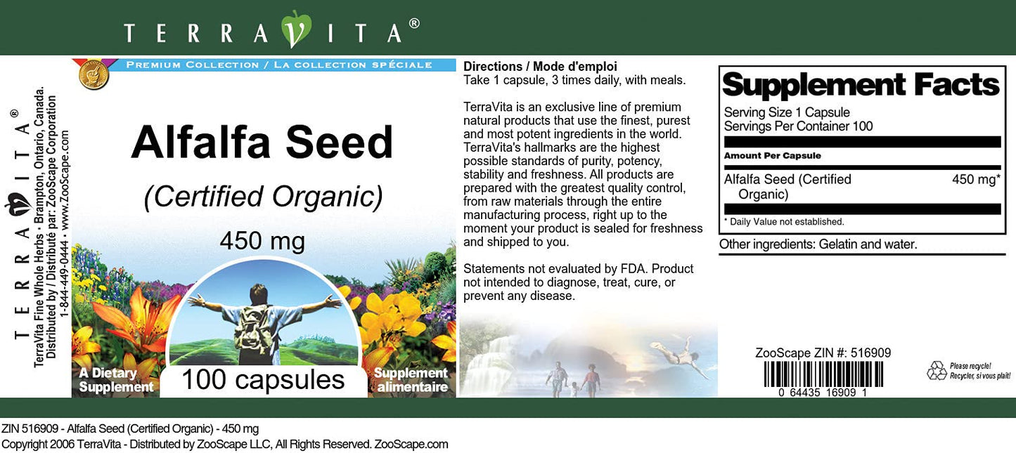 Terravita Alfalfa Seed (Certified Organic) 450 mg Capsules 300 Count