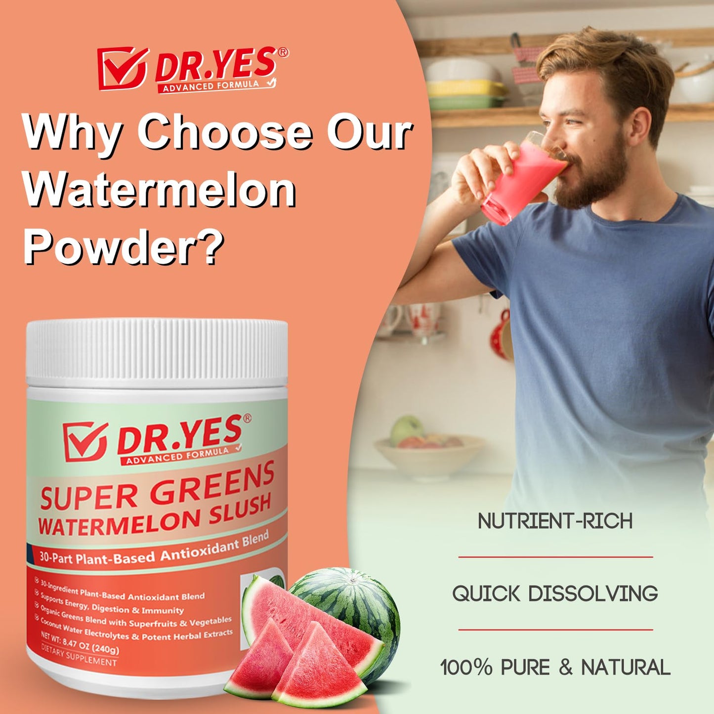 DR YES Super Greens Watermelon Slush Powder, 8.47 oz