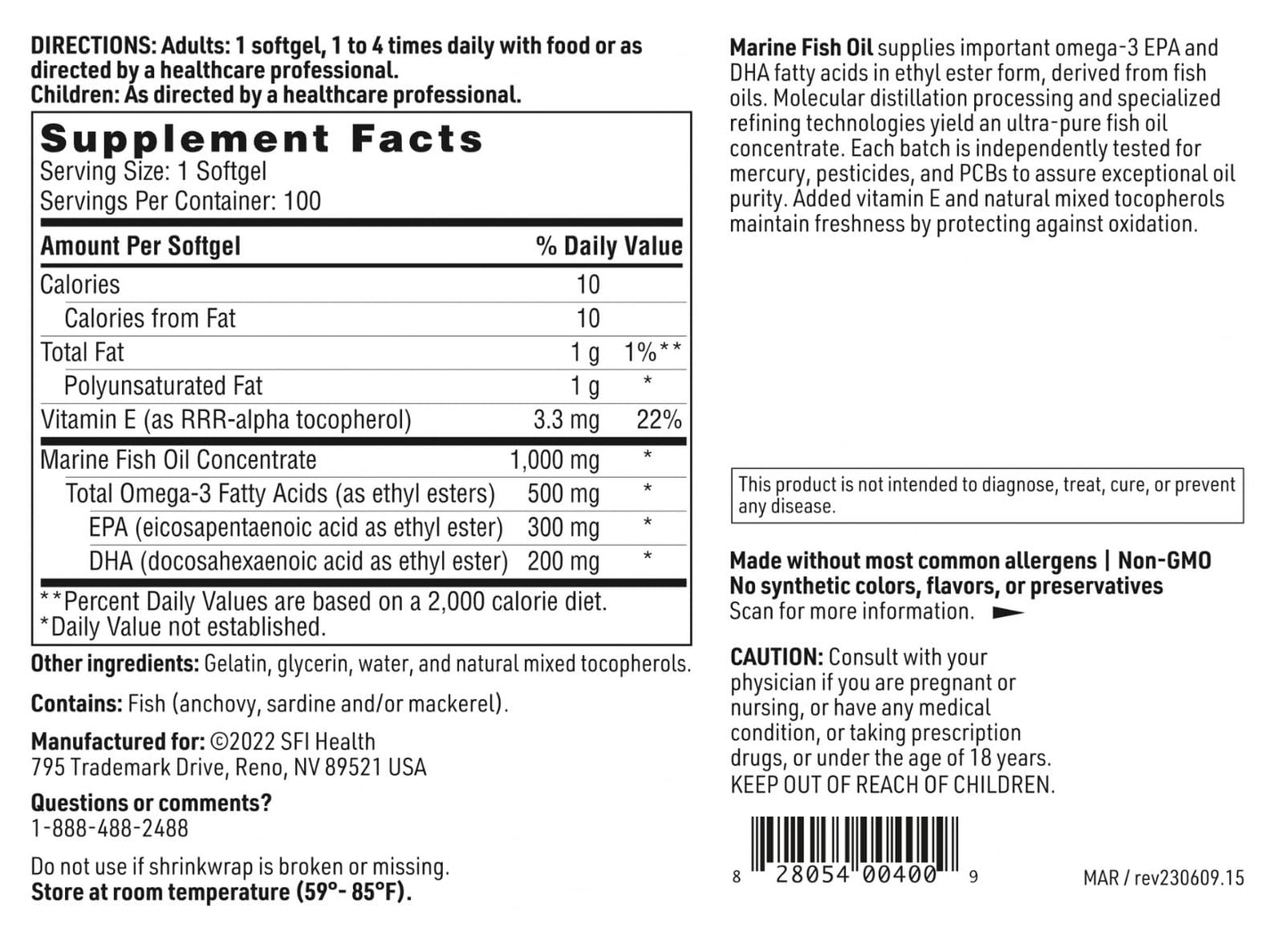 SFI Health Klaire Labs Marine Fish Oil Ultra Pure 300 mg EPA & 200 mg DHA Omega-3 Unflavored Fish Oil Softgels, 100 Count