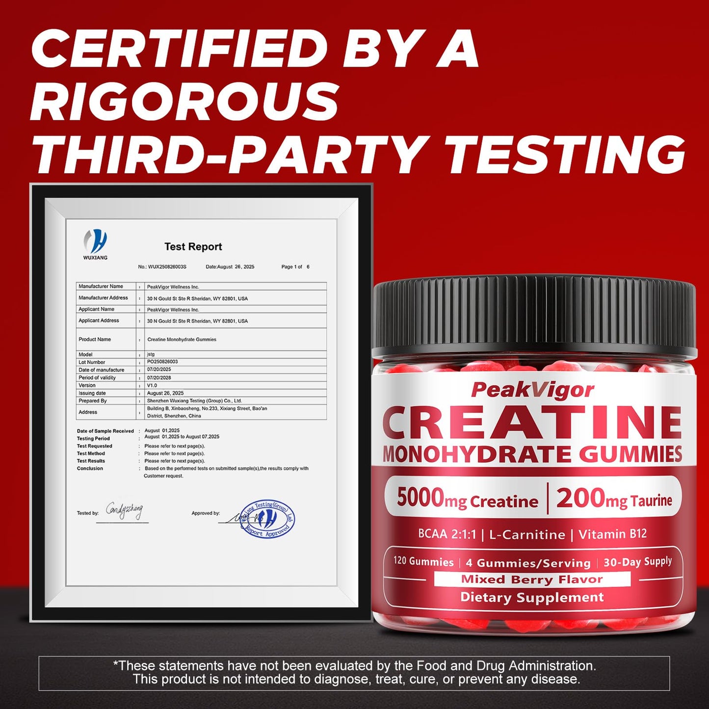 PeakVigor Organics Creatine Monohydrate Gummies, 120 Gummies