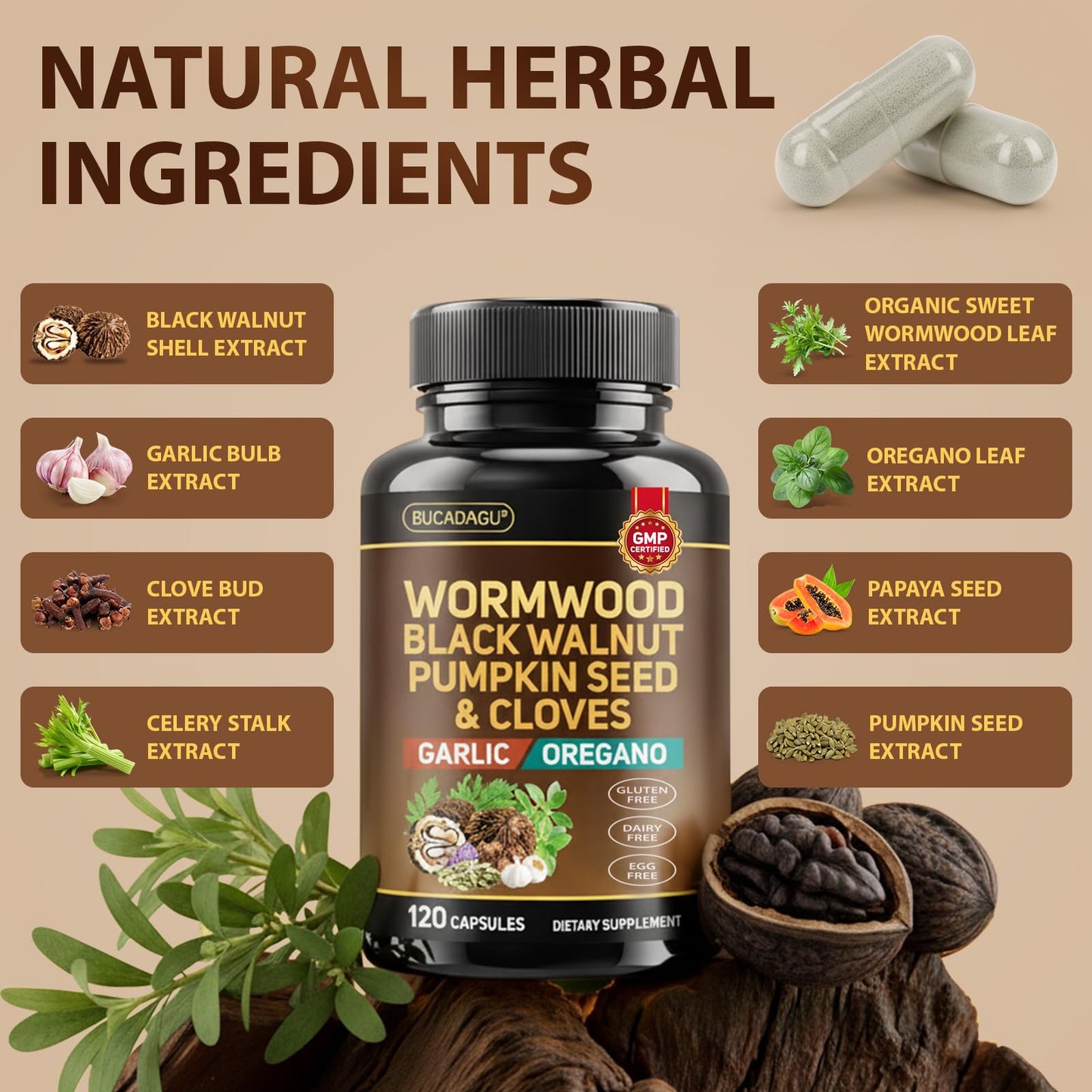 BUCAOAGU Black Walnut Wormwood Clove Cleanse for Humans Gut Cleanse & Digestive Health with Pumpkin Seed Garlic Celery Neem Papaya Diatomaceous Earth Probiotic Supplement Vegan Capsules 120