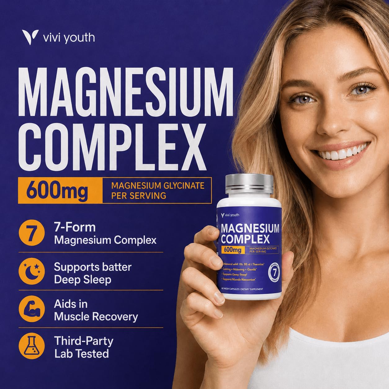 VIVI Youth Magnesium 7 Complex for Women 1600mg Magnesium Glycinate 600mg High Absorption Magnesium with Citrate, Malate, Chelate, Taurate, Gluconate, Aspartate & Ascorbate for Sleep 60 Capsules