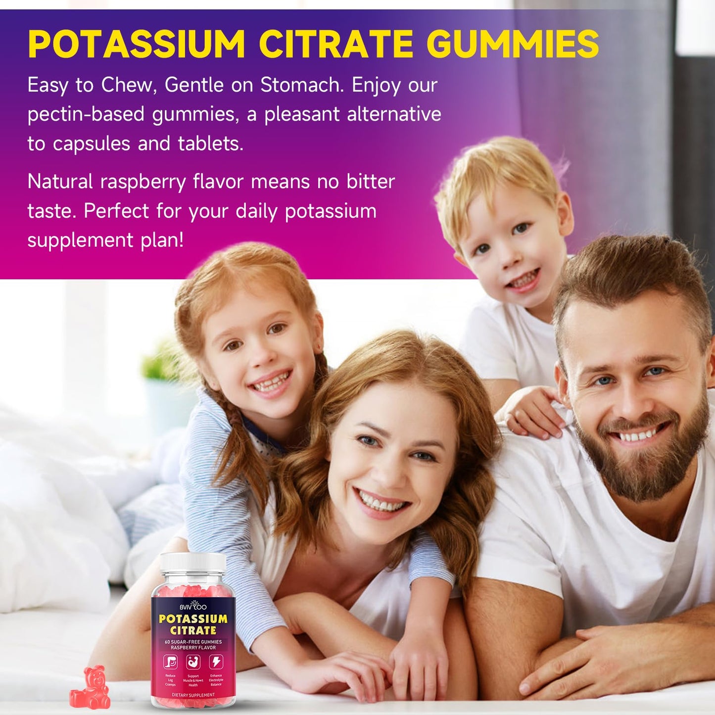 BVIVLOO Potassium Citrate Gummies 1000mg, Sugar-Free, Supports Leg Cramps & Electrolyte Balance, 60 Count