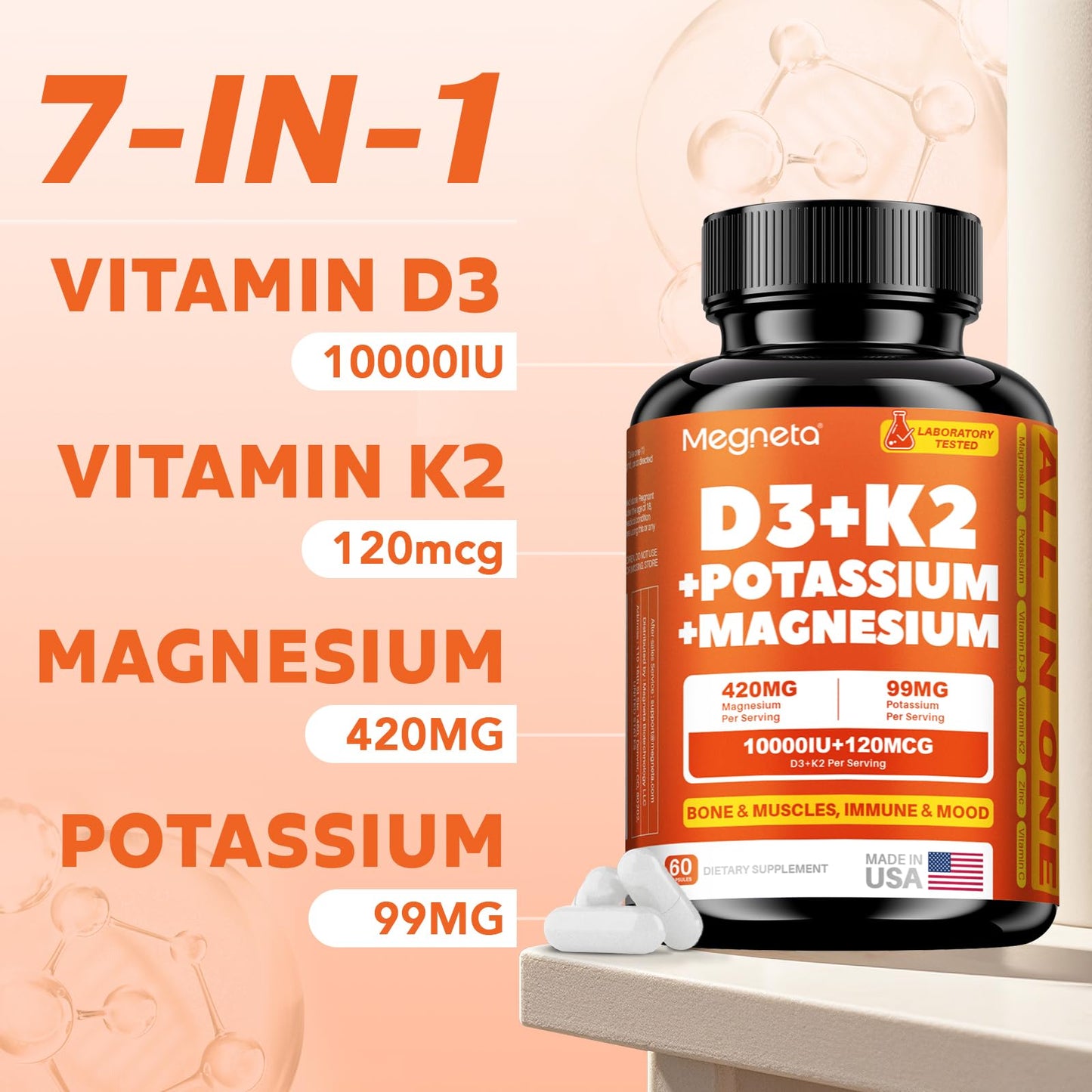 MEGNETA Vitamin D3 K2 (MK-7) 10,000 IU with Magnesium Glycinate & Potassium Supplement - Systemic Complex for Bone, Muscle, Heart, Immune, Energy & Sleep Support – High Absorption, 60 Capsules