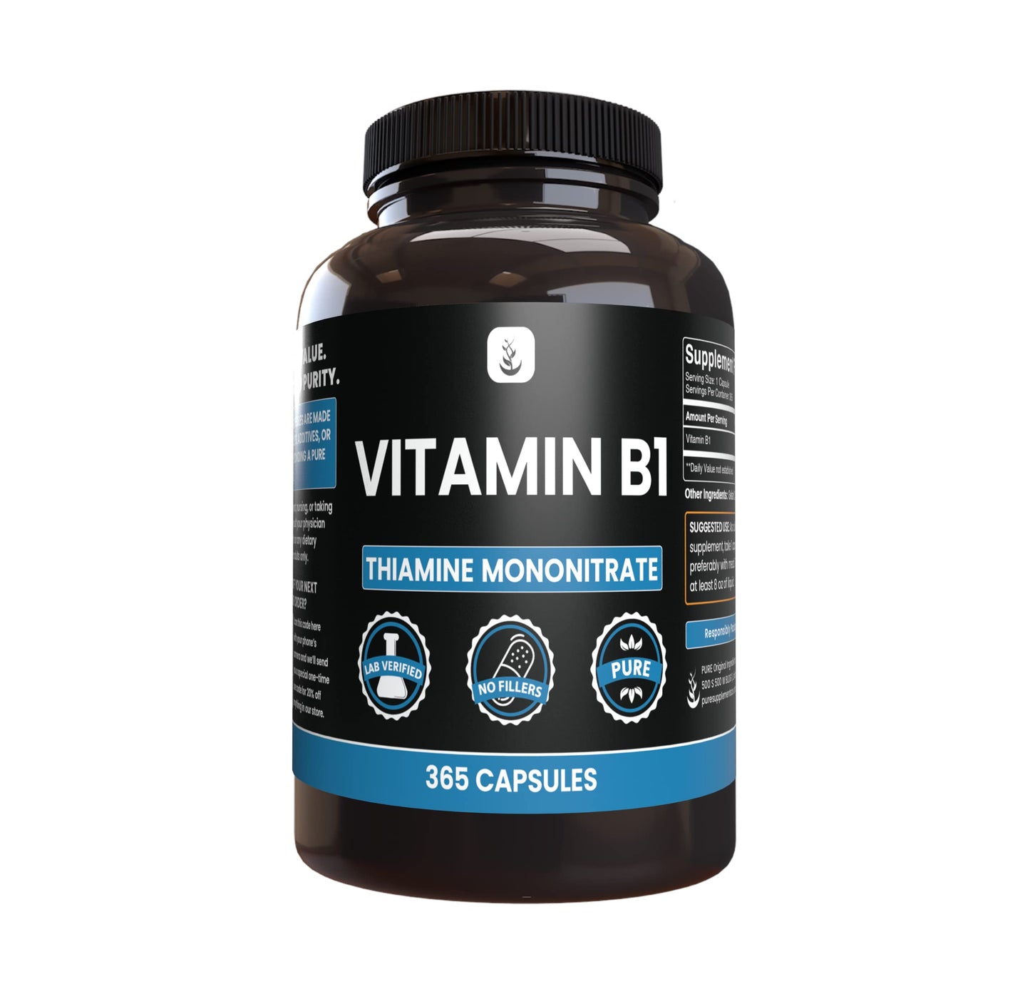 PURE ORIGINAL INGREDIENTS Vitamin B1 (Thiamine Mononitrate) Capsules, 365 Count