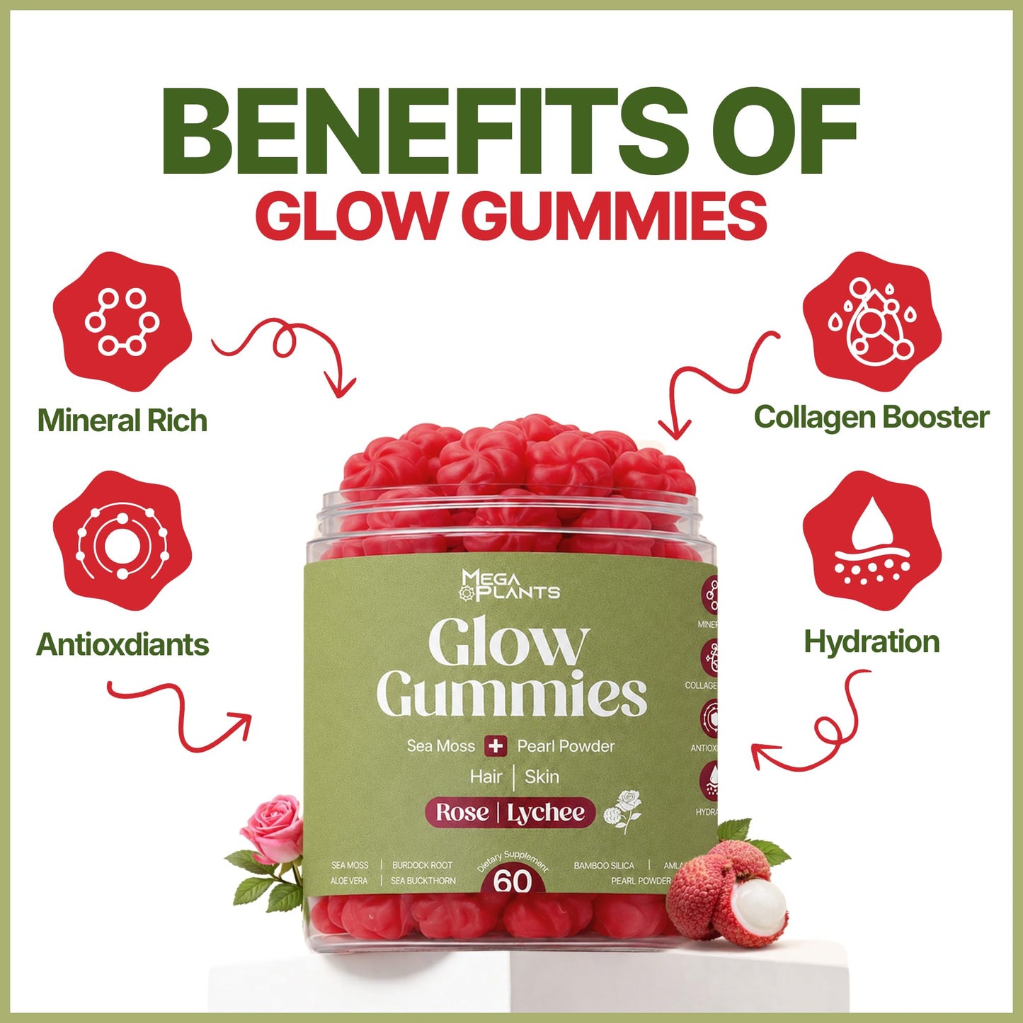 MEGAPLANTS Sea Moss Gummies with Pearl Powder & Burdock Root, 60 Gummies