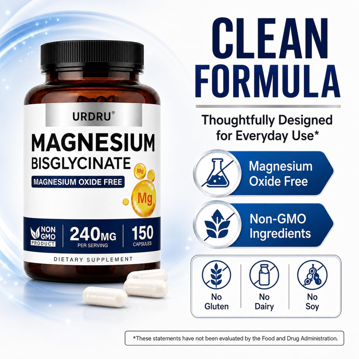 URDRU Magnesium Glycinate 2182mg 100% Chelated Magnesium Supplement Capsule, 150 Count