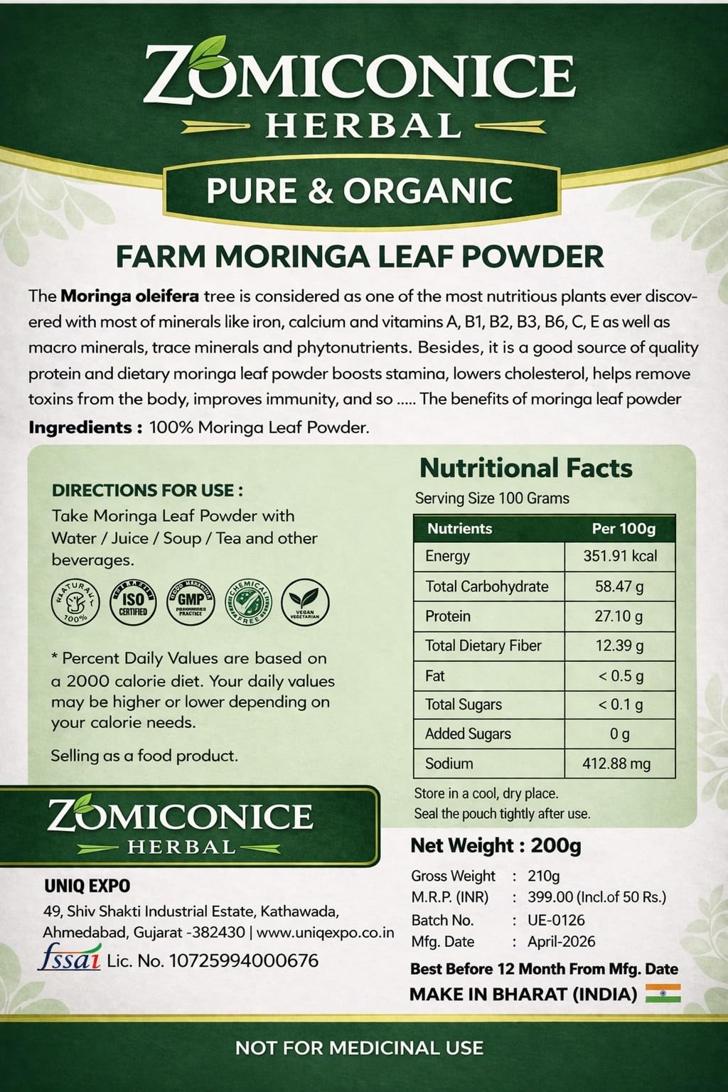 ZOMICONICE HERBAL Organic Moringa Leaf Powder, Pack of 1