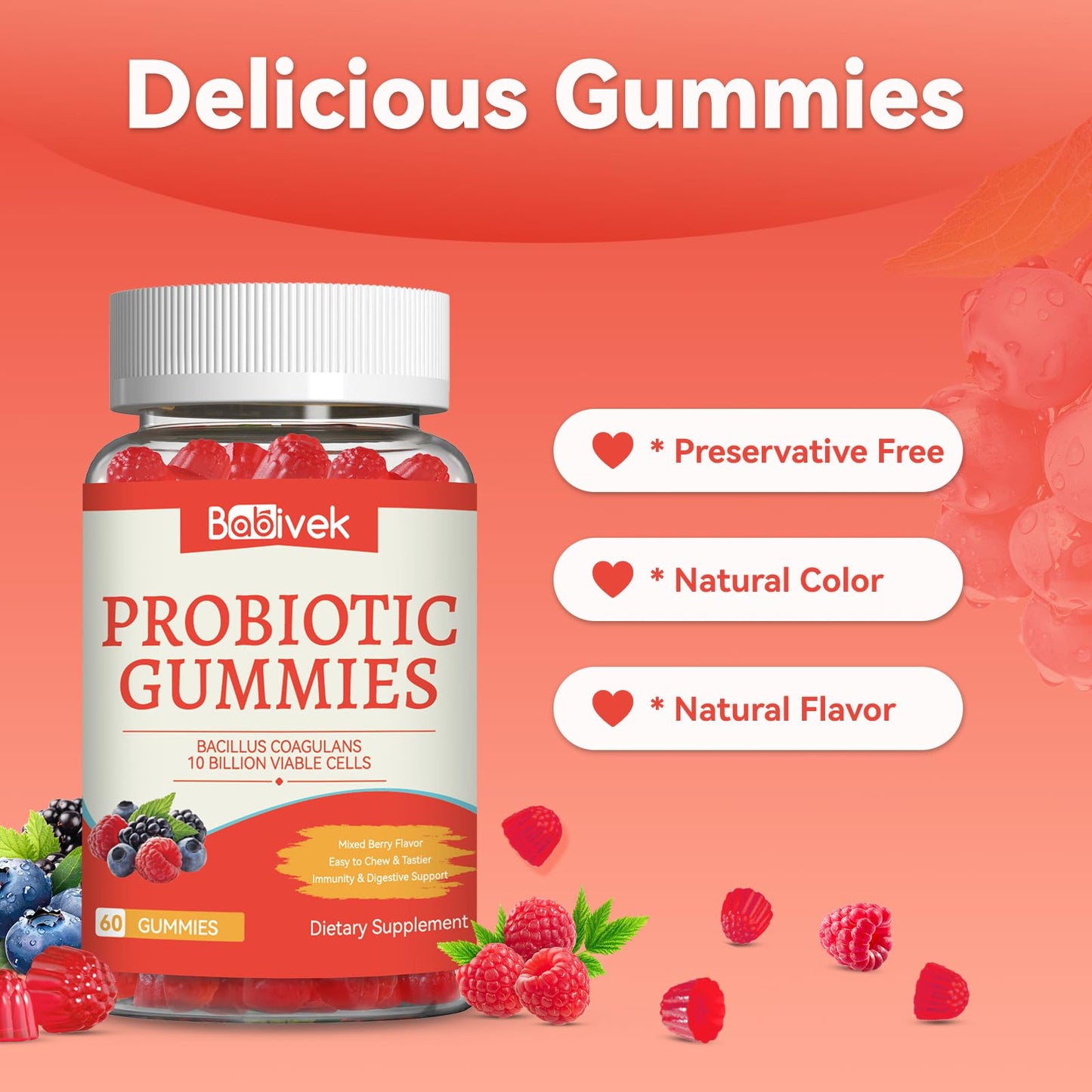 Babivek Probiotic Gummies 10 Billion CFU Bacillus Coagulans, 120 Count