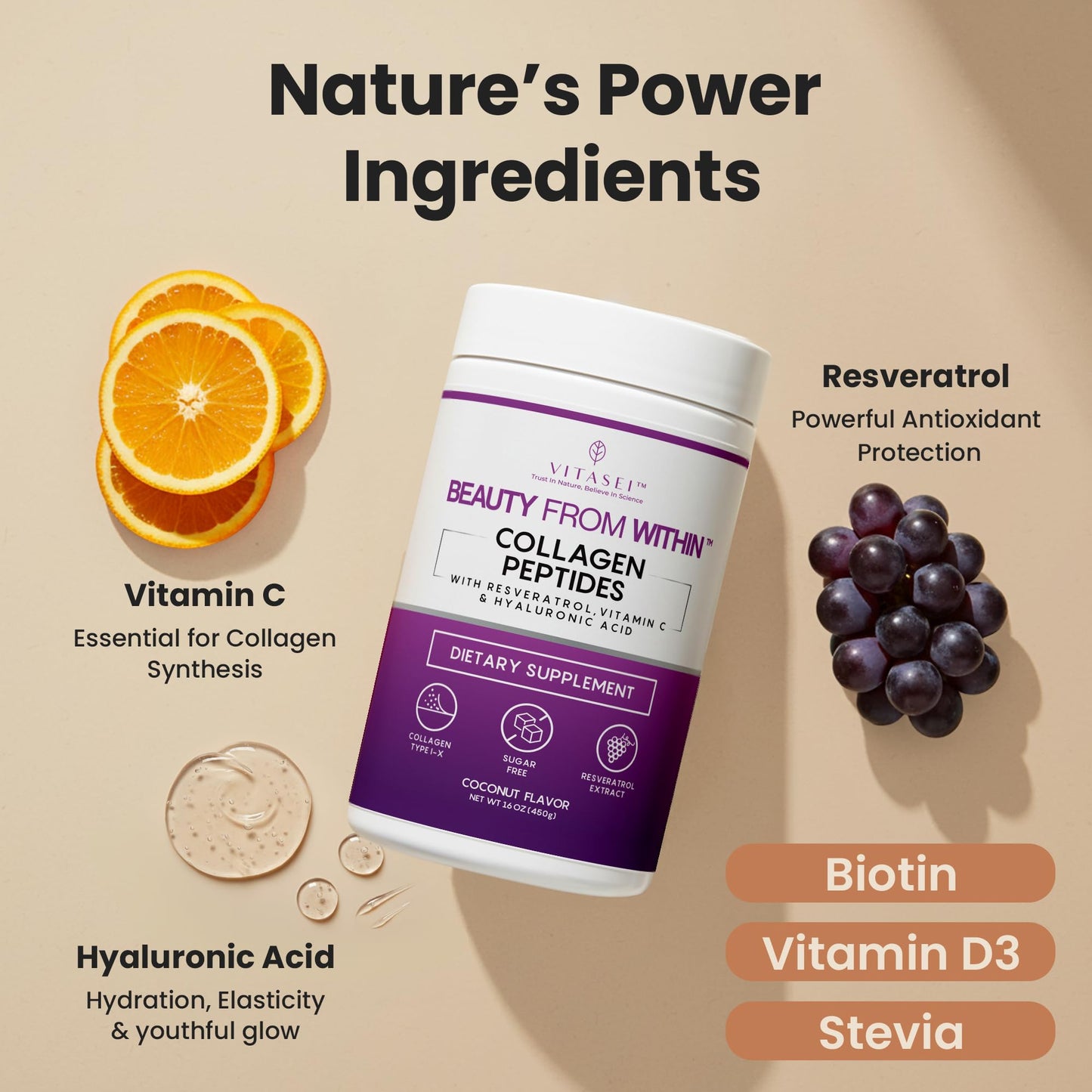 VITASEI Collagen Peptides Powder – Hydrolyzed Collagen with Resveratrol, Vitamin C & Hyaluronic Acid – Hair, Skin, Nails & Joint Support – Coconut Flavor, 16 oz