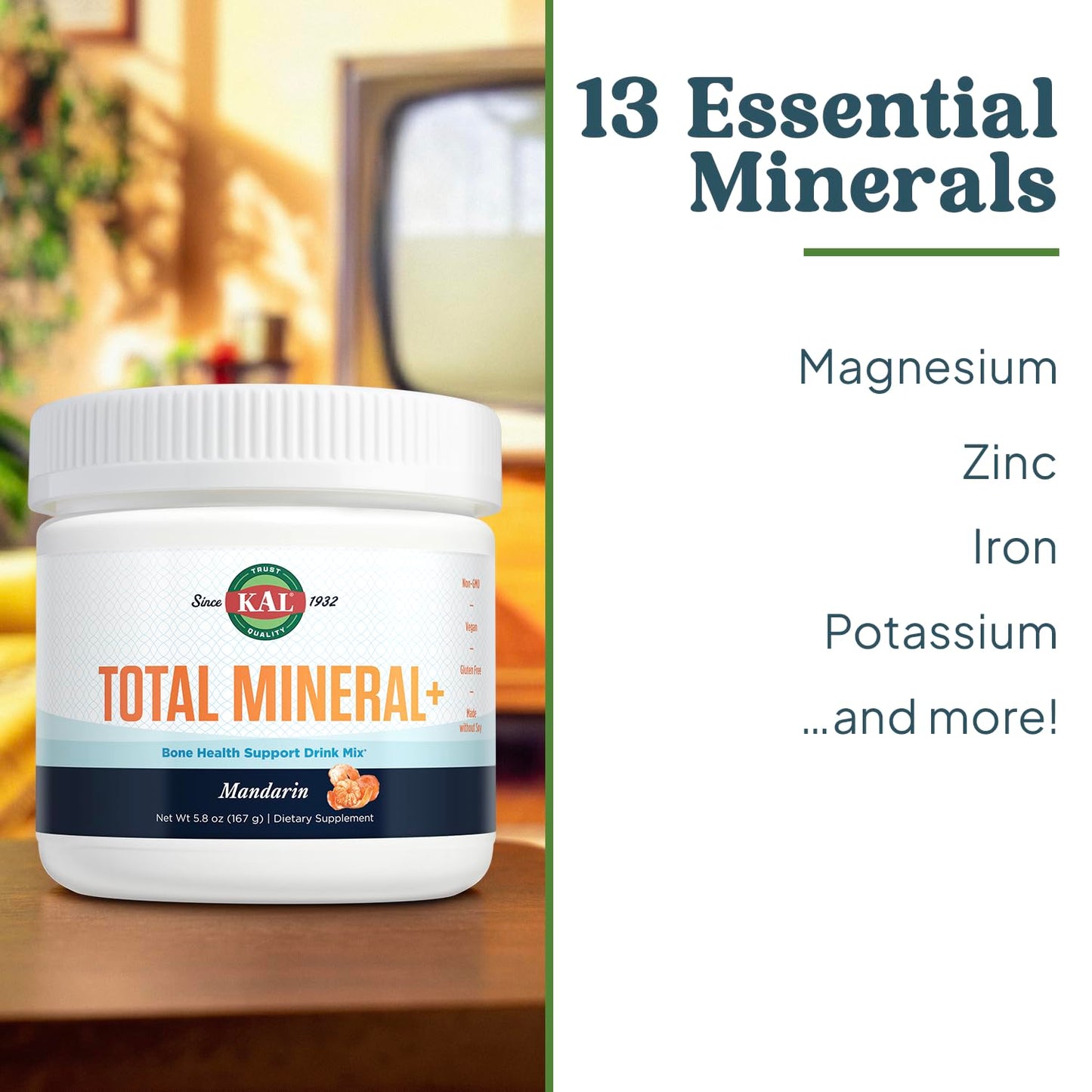 KAL Total Mineral+ Powder - Total Complex, Magnesium Glycinate, Zinc, Calcium and More - Bone Health & Whole Body Support, 30 Servings