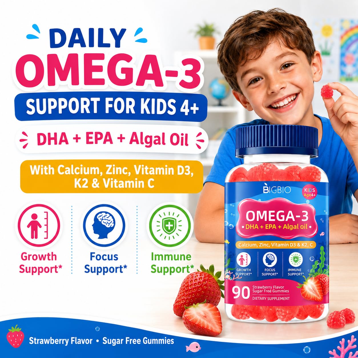 BIGBIO Omega 3 (EPA/DHA) Filled Gummies for Kids 90 Count