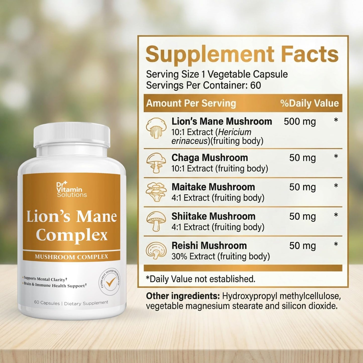 DR VITAMIN SOLUTIONS Lion's Mane Mushroom Supplement 500 mg, 5 Mushroom Complex 60 Capsules