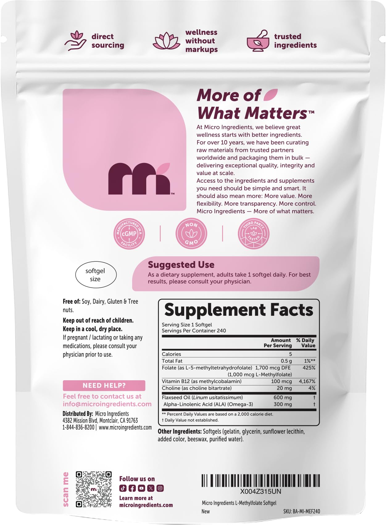 Micro Ingredients L-Methylfolate 1000mcg Softgels 240 Count