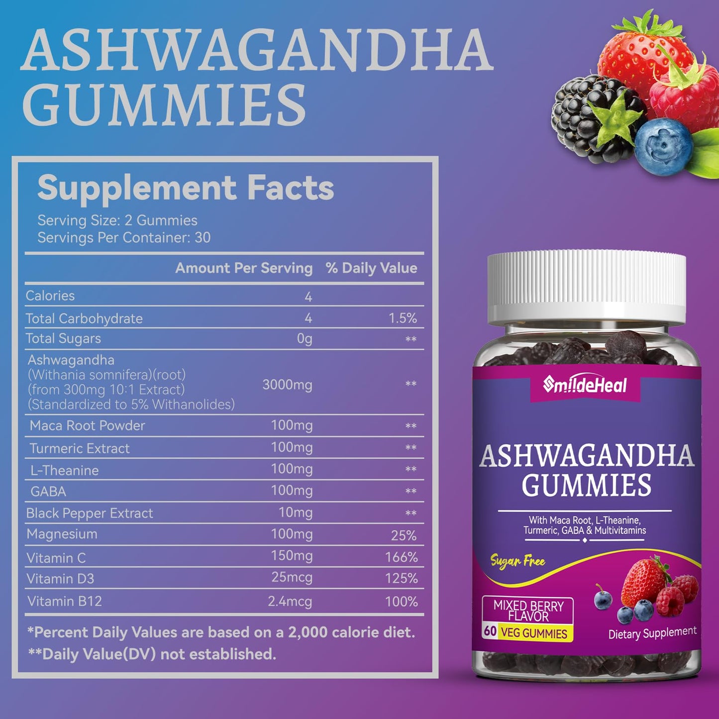 SmildeHeal Ashwagandha Gummies 3000mg for Calm & Stress Relief, 120 Gummies