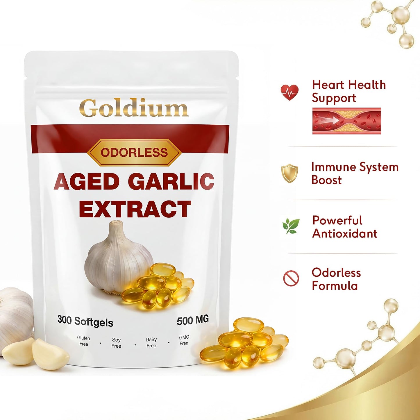 Goldium Aged Garlic Extract 500mg Odorless Softgels, 300 Count
