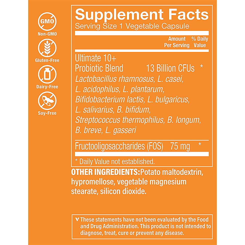 The Vitamin Shoppe Ultimate 10+ Probiotics 13 Billion CFUs, Digestive & Immune Support, Multi-Strain Probiotic Supplement for Men & Women, 100 Capsules