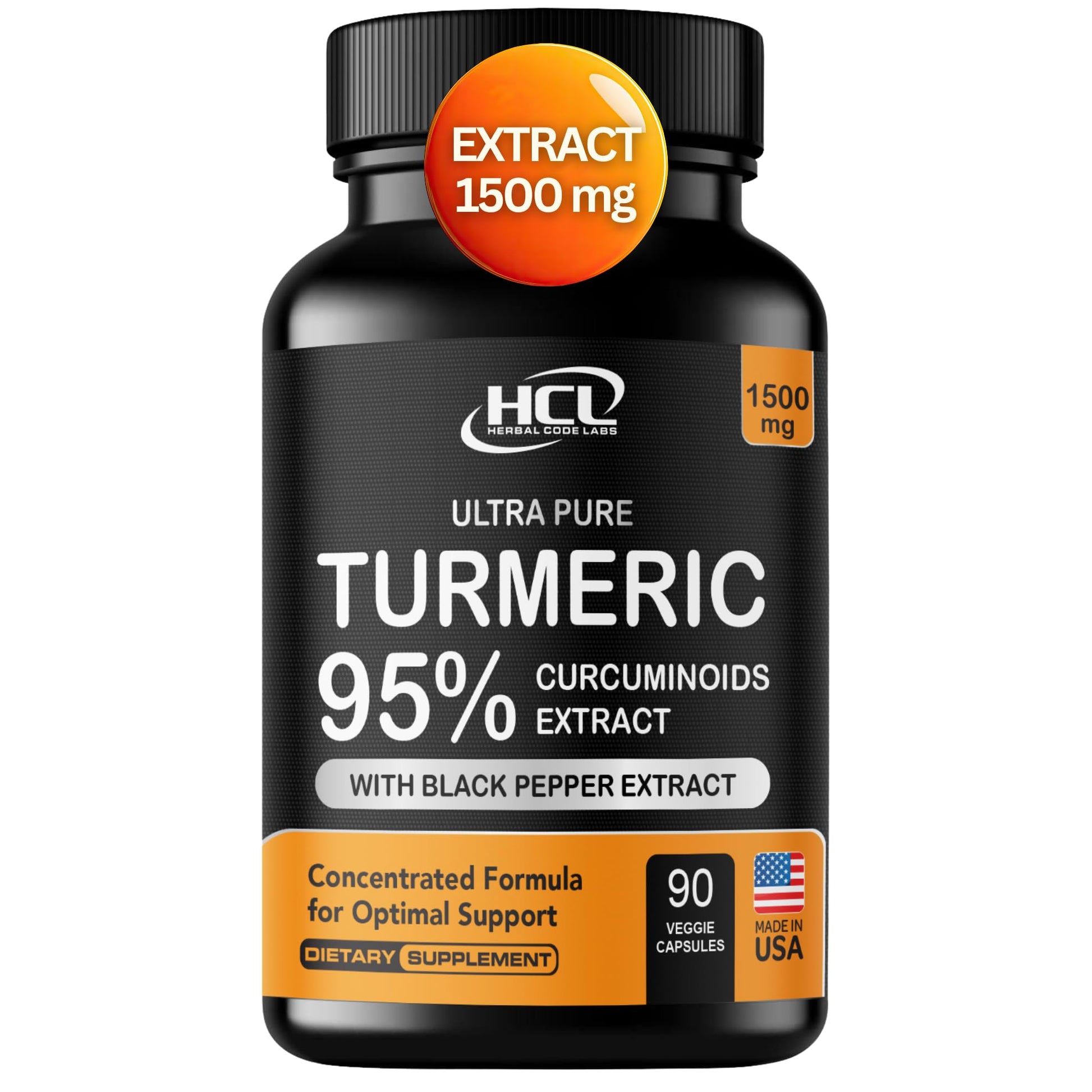 HCL Herbal Code Labs Turmeric Curcumin Extract 1500mg – Full Dose of 95% Curcuminoids with Black Pepper Ginger & Cinnamon – High Absorption Turmeric Supplement Capsules, 90 Count