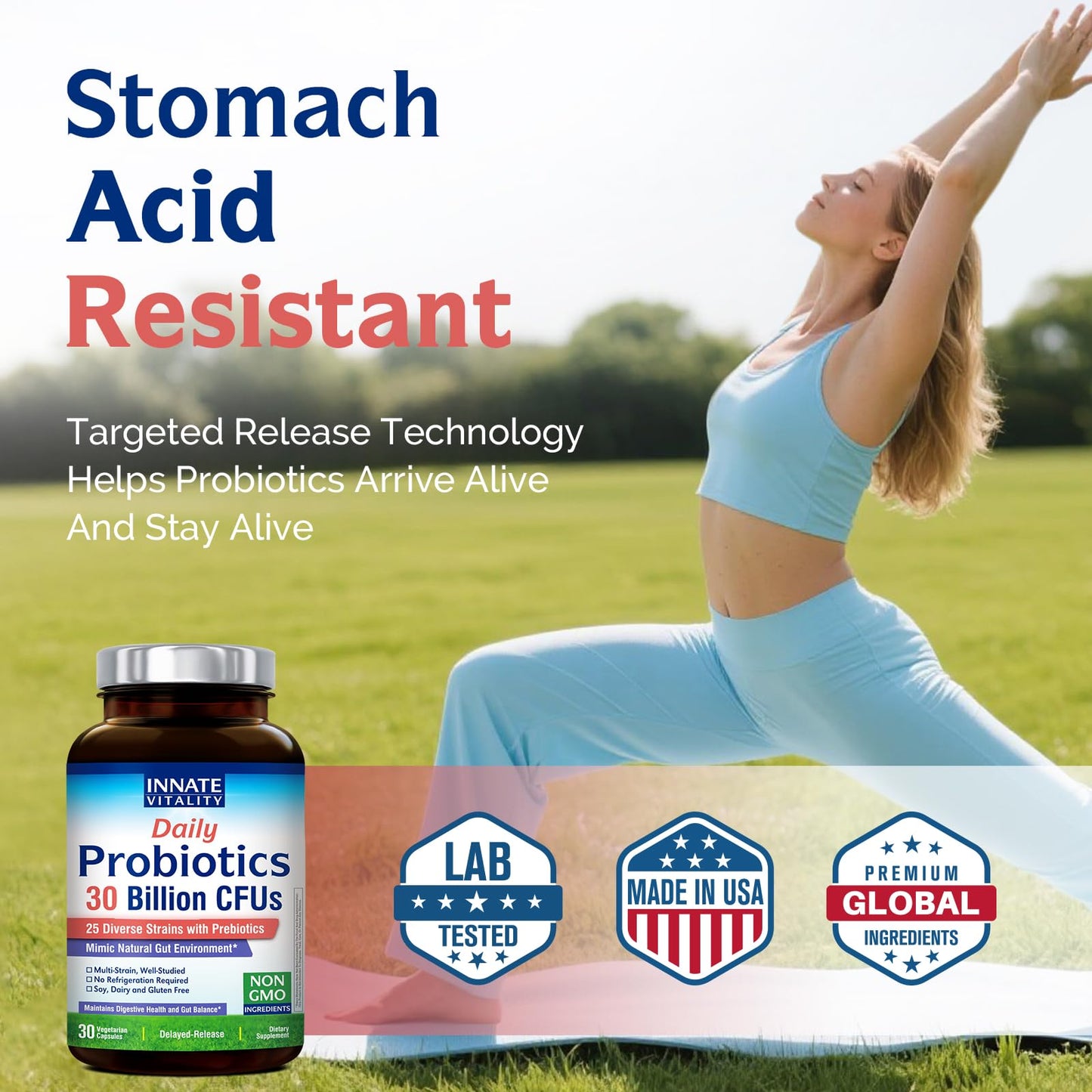 Innate Vitality Daily Probiotics for Women & Men, 30 Billion CFU of 25 Strains, Prebiotics, Delayed Release, 30 Capsules