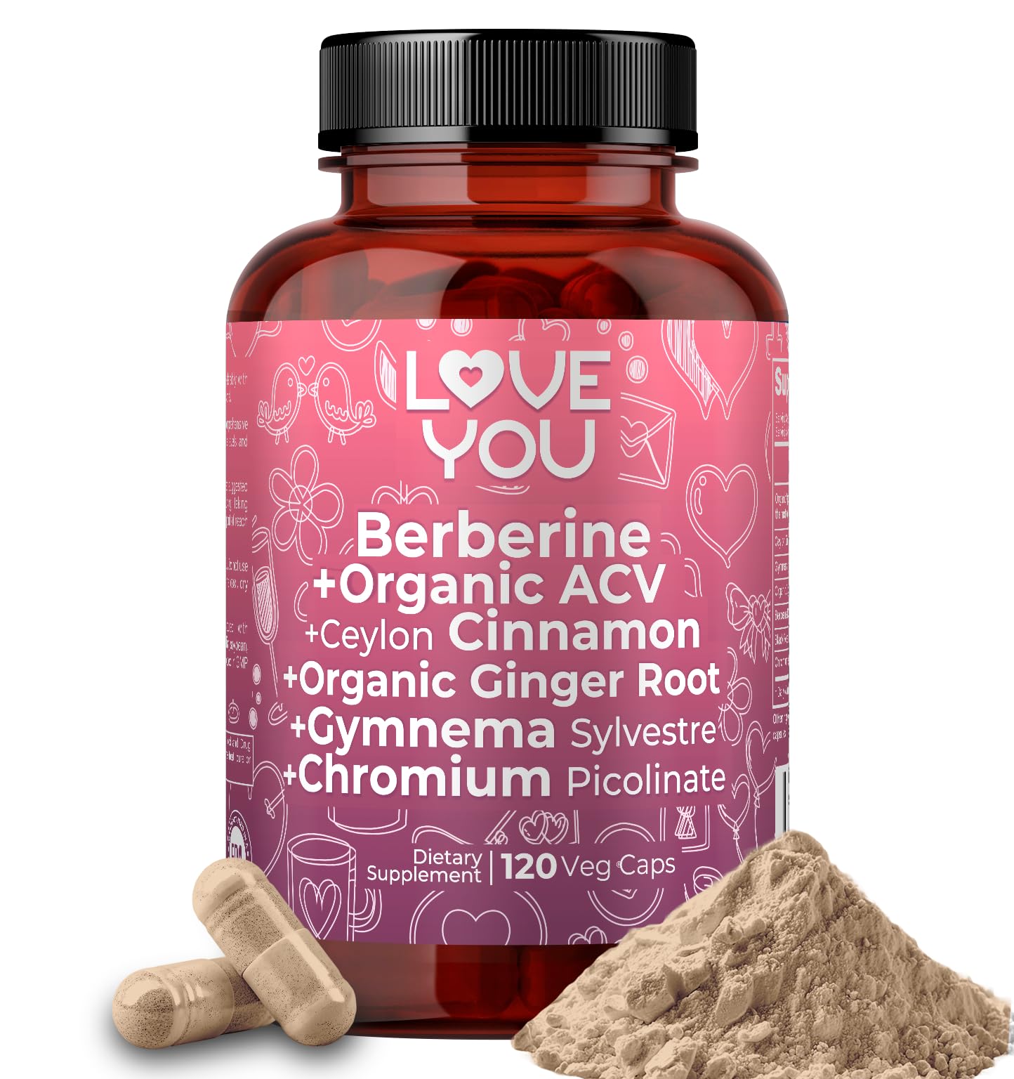 Love You Berberine Complex with Ceylon Cinnamon, Organic ACV with The Mother, Gymnema, Ginger & Chromium | 2,356 mg Eq. per Serving | 120 Vegan Capsules