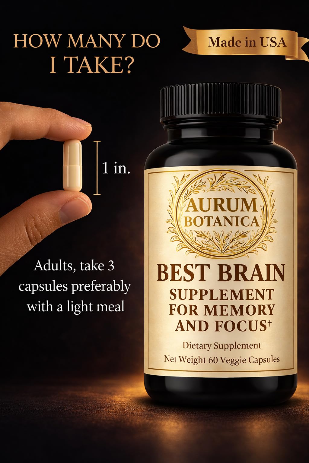 AURUM BOTANICA Best Brain Supplement for Memory and Focus with L-Theanine, Lion's Mane, Vitamin B6, B12, D3, Folate, L-Tyrosine, Bacopa Monnieri, Alpha GPC, Theacrine, 30mg Natural Caffeine, Capsules, 60 Count