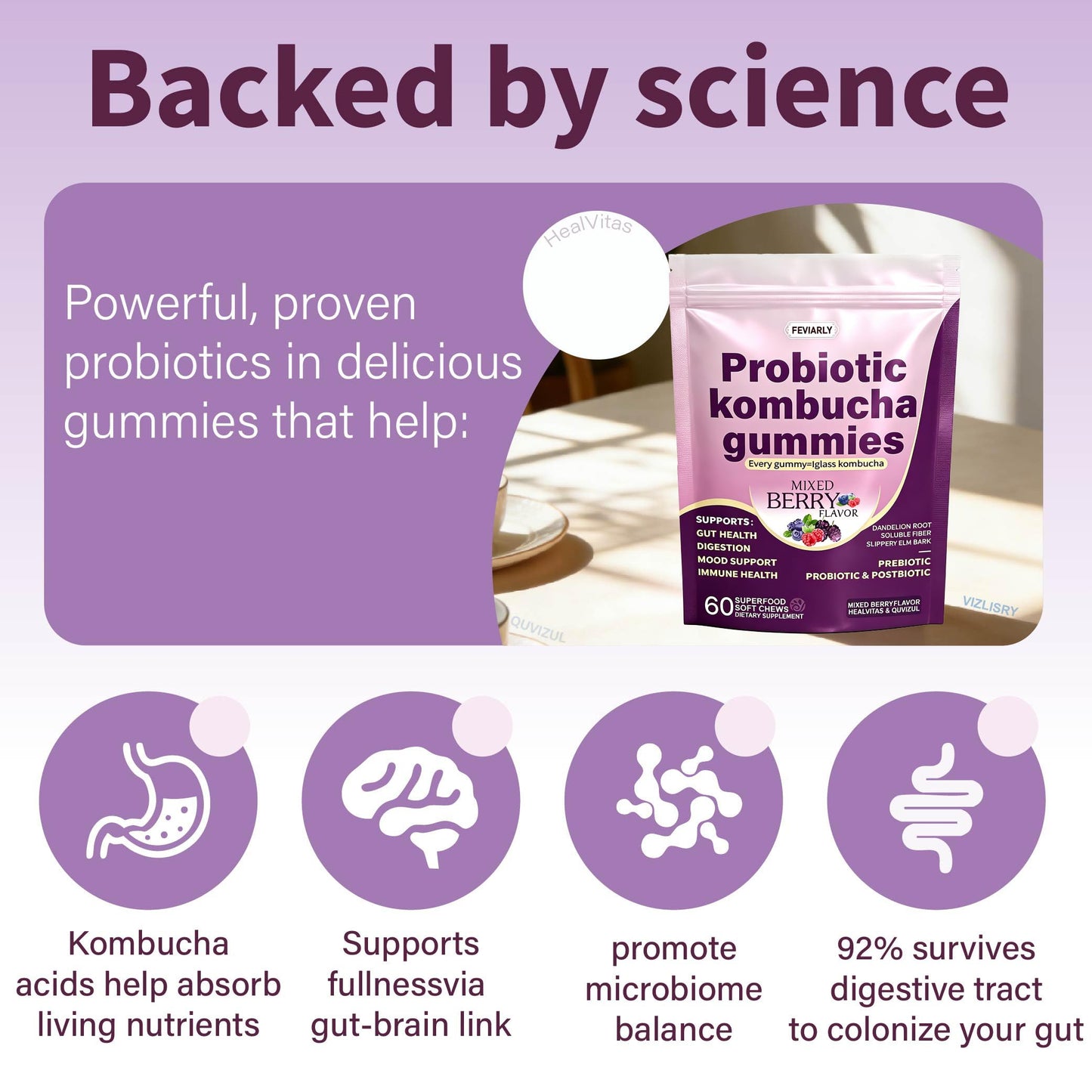 Feviarly Probiotic Kombucha Gummy Chewing sugar, Probiotic for Men and Women, with Prebiotic Probiotic and Postbiotic, Dandelion Root, Slippery Elm Bark, Supports Gut and Digestive Health, 7