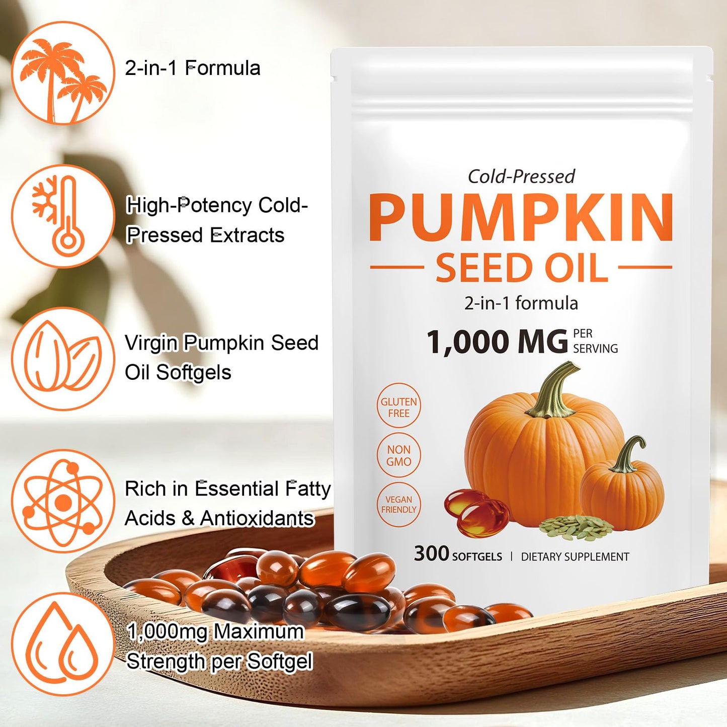 KITNOBLIS Pumpkin Seed Oil Capsules, 300 Capsules