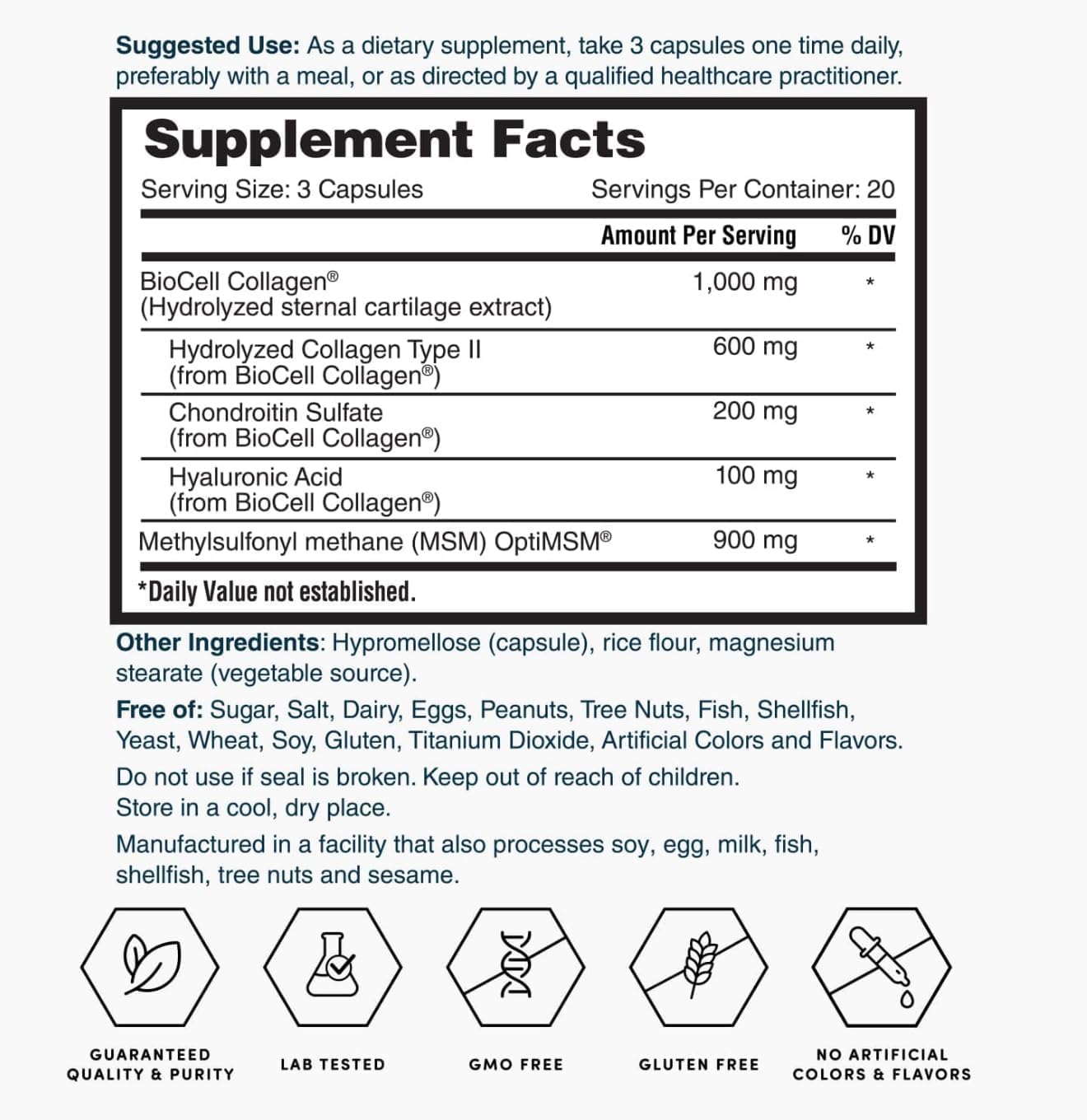 Generic Hyaluronic Acid with Bio Cell Collagen, Hydrolyzed Collagen Type II, Hyaluronic Acid and Chondroitin Sulfate Capsules, 180 Count