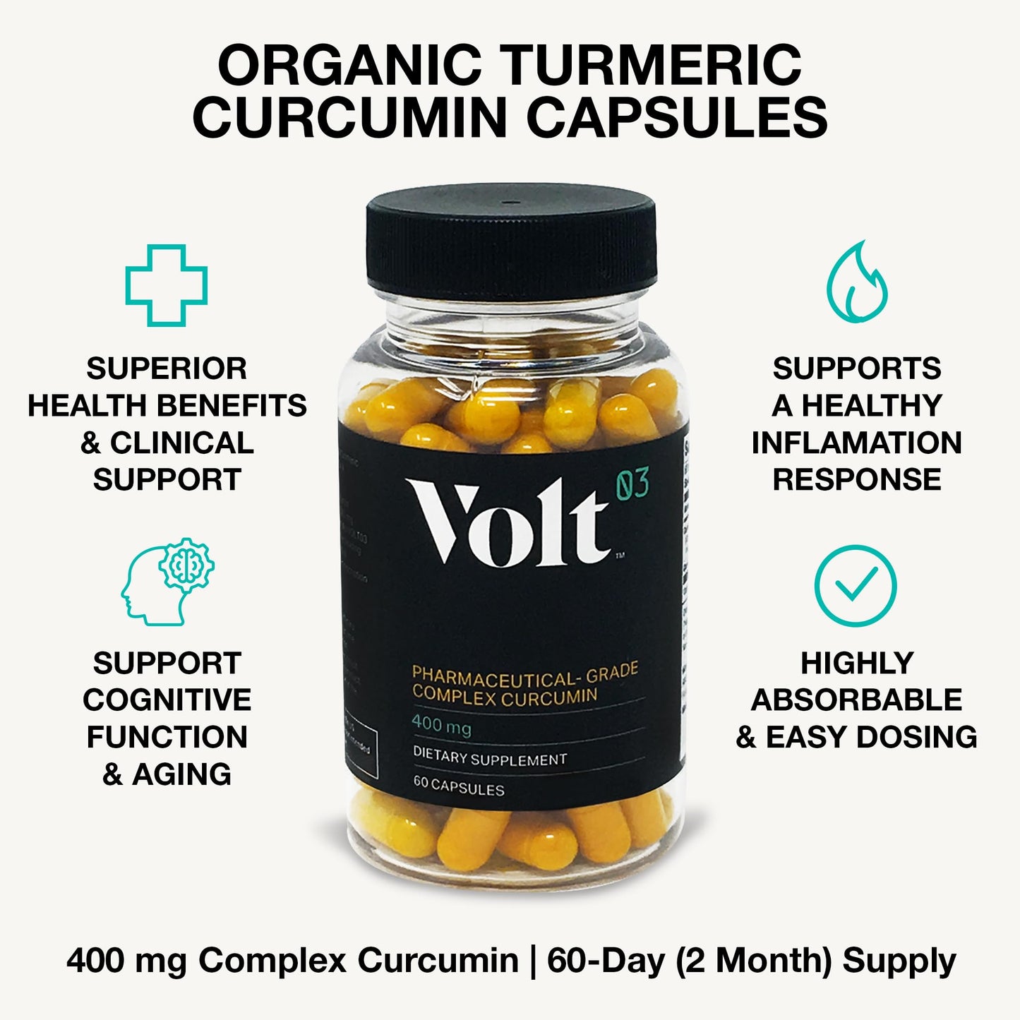 Volt03 Organic Turmeric Curcumin Capsules, 400mg Curcumin Complex, 60 Capsules