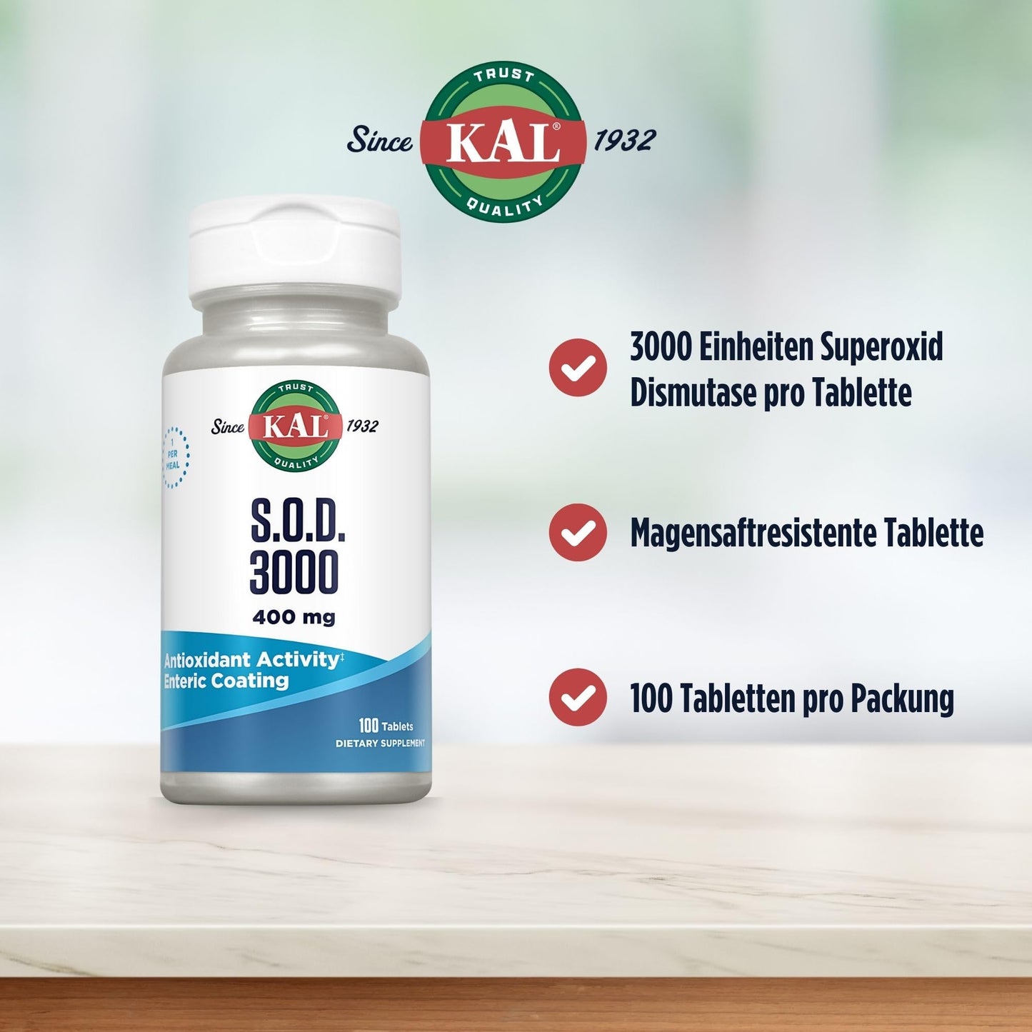 KAL S.O.D. 3000 Antioxidant Supplement 400mg SOD Beef Liver Source Enteric Coated Tablets, 100 Tablets